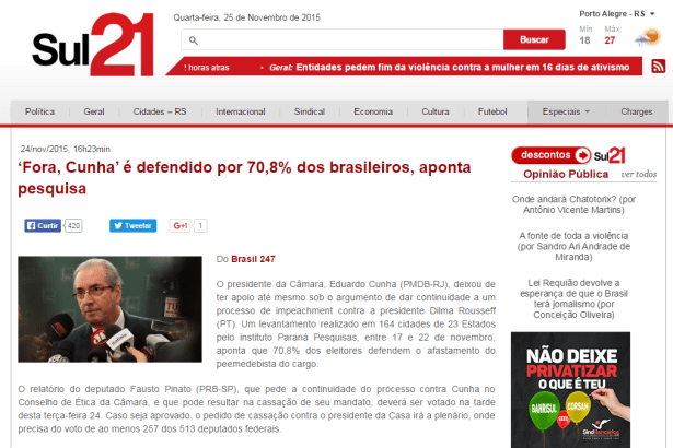 Jornal Sul 21 divulga opinião do brasileiro sobre o Presidente da Câmara, Eduardo Cunha