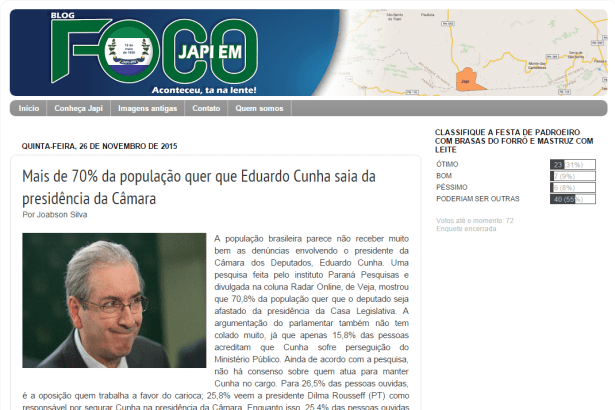 Blog Japi em Foco divulga pesquisa nacional sobre o Presidente da Câmara, Eduardo Cunha