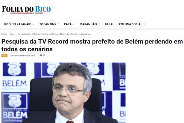 Folha do Bico divulga pesquisa que mostra Prefeito de Belém/ PA perdendo em todos os cenários