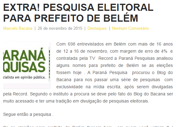 Blog do Nelson Vinencci divulga pesquisa Eleitoral para Prefeito de Belém/ PA