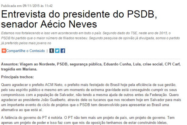 Jornal O Nortão divulga comentário do Senador Aécio Neves sobre pesquisa realizada pelo Instituto Paraná Pesquisas