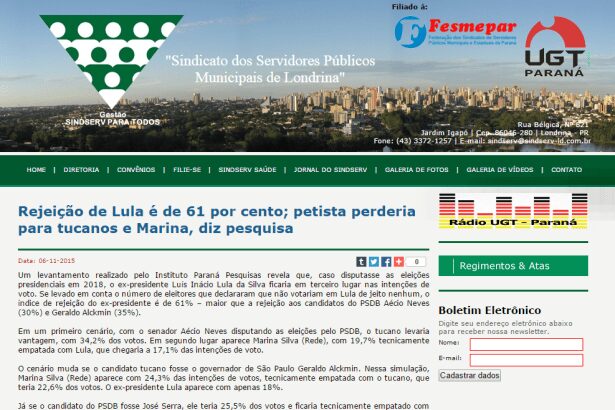 Site do Sindicato dos Servidores Públicos Municipais de Londrina divulga intenção de voto dos brasileiros para Eleições Presidenciais