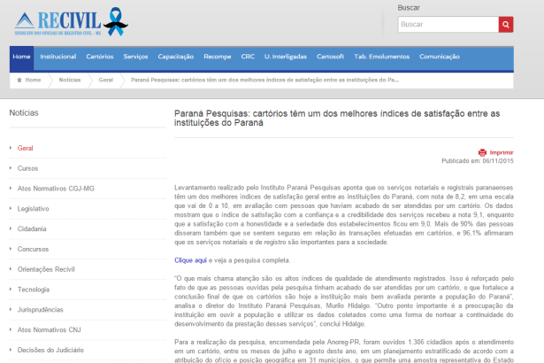 Sindicato dos Oficiais de Registro Civil-MG divulga avaliação dos serviços de cartórios do Estado do Paraná