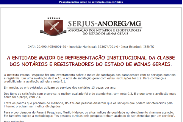 SERJUS-ANOREG/MG divulga avaliação dos serviços prestador por cartórios no Estado do Paraná