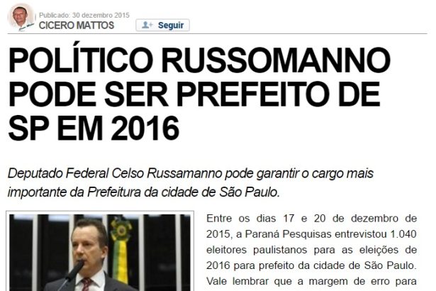 Blog Cícero Mattos divulga pesquisa sobre a intenção de votos dos paulistanos