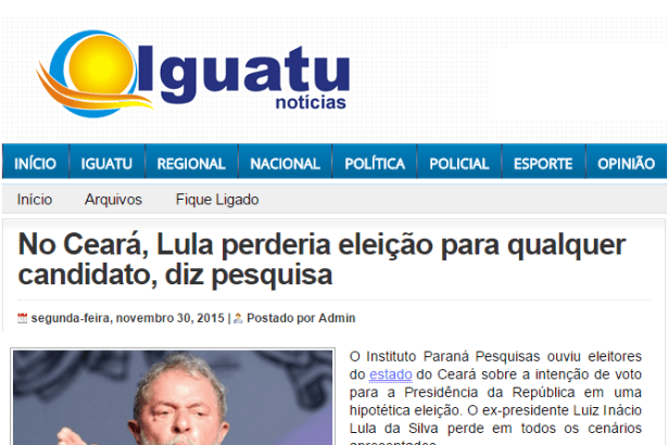 Iguatu Notícias divulga pesquisa de rejeição do Ex-Presidente Luiz Inácio Lula da Silva entre o Eleitorado Cearense
