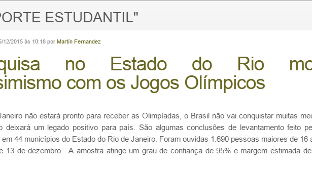 Blog do Esporte Estudantil divulga pesquisa sobre os Jogos Olímpicos no Estado do Rio de Janeiro