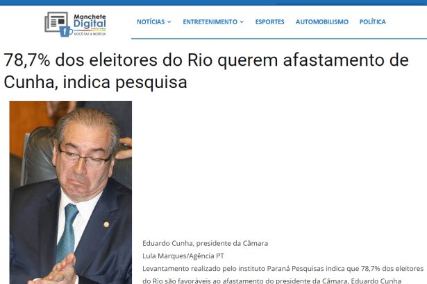 Manchete Digital divulga pesquisa sobre o afastamento do Presidente da Câmara, Eduardo Cunha