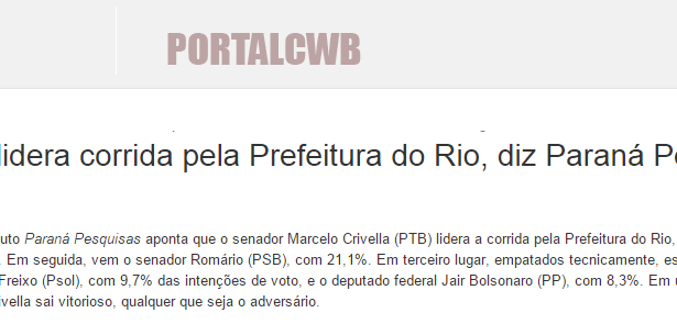 Portal CWB divulga pesquisa sobre a intenção de voto para a Prefeitura do Rio de Janeiro/ RJ