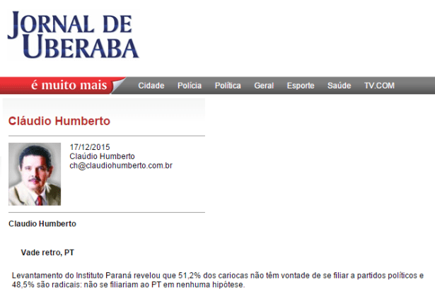Jornal de Uberaba comenta pesquisa sobre se filiar a um partido político no Estado do Rio de Janeiro
