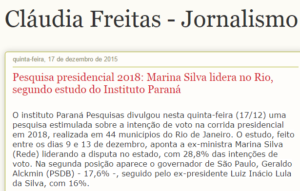 Blog Cláudia Freitas divulga pesquisa sobre a intenção de voto para a Eleição Presidencial no Estado do Rio de Janeiro