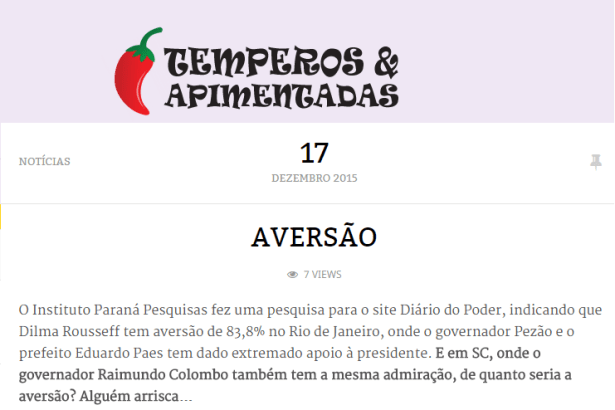 Blog Temperos e Apimentadas comenta pesquisa sobre a aprovação do Governo da Presidente Dilma Rousseff no Estado do Rio de Janeiro