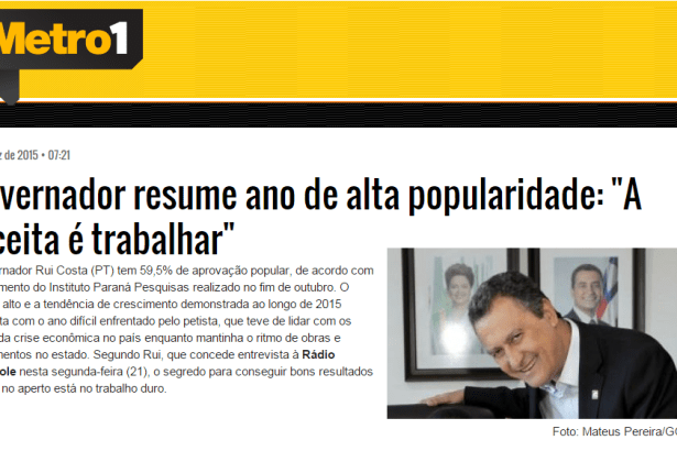 Metro1 divulga pesquisa sobre a aprovação popular do Governador da Bahia, Rui Costa