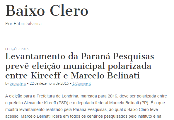 Baixo Clero divulga pesquisa sobre a eleição para a Prefeitura de Londrina em 2016