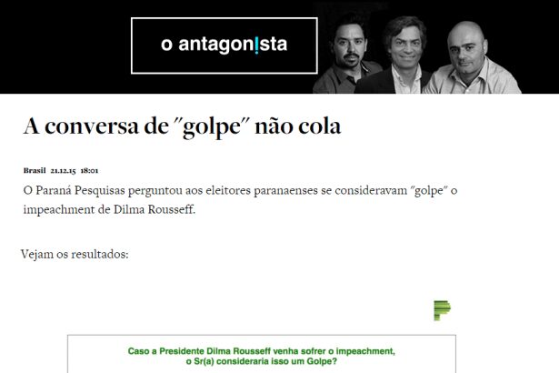 O Antagonista divulga pesquisa sobre o afastamento da Presidente Dilma Rousseff