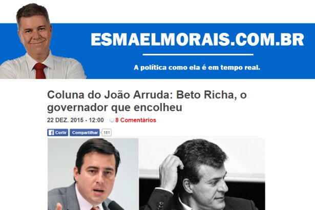 Esmael Morais divulga coluna do João Arruda que comenta o índice de rejeição do Governador do Paraná, Beto Richa