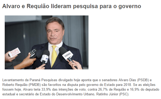 Blog Olho Aberto Paraná divulga pesquisa sobre a intenção de votos para o governo do Paraná em 2018