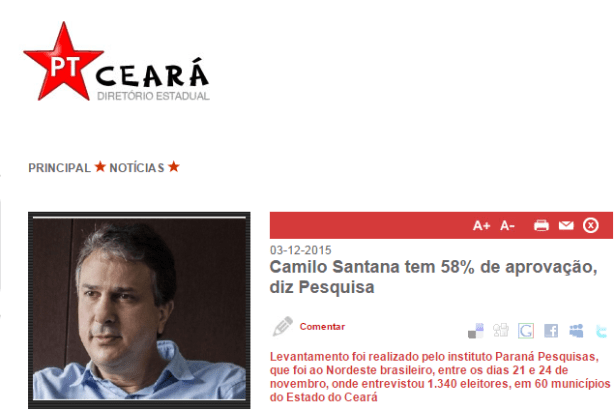 PT Ceará Diretório Estadual, comenta avaliação do Governador Camilo Santana no Estado do Ceará