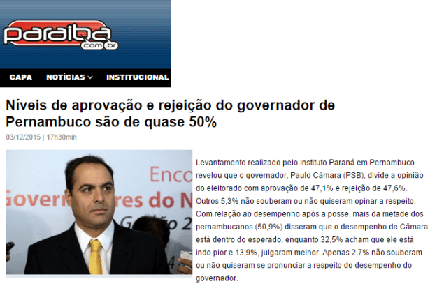 Rede Paraiba divulga pesquisa sobre níveis de aprovação e rejeição do Governador de Pernambuco Paulo Câmara