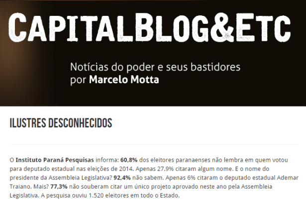 Capital Blog e ETC divulga pesquisa sobre o desconhecimento dos paranaenses em relação à Assembleia Legislativa