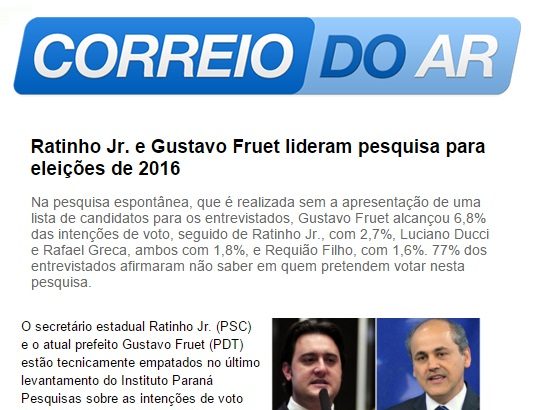 Correio do Ar divulga pesquisa sobre a disputa pela prefeitura de Curitiba