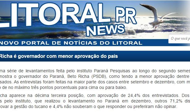 Portal Litoral News divulga pesquisa sobre a popularidade do governador do Paraná, Beto Richa