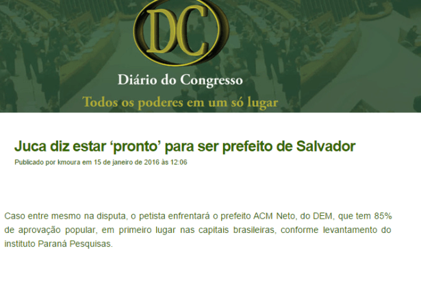 Diário do Congresso divulga pesquisa sobre a popularidade do prefeito ACM Neto
