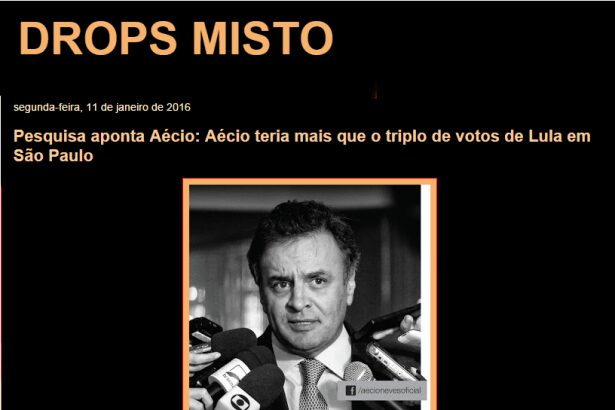 Blog Drops Misto divulga pesquisa que aponta que Aécio Neves recebe em São Paulo três vezes mais intenções de votos do que Lula