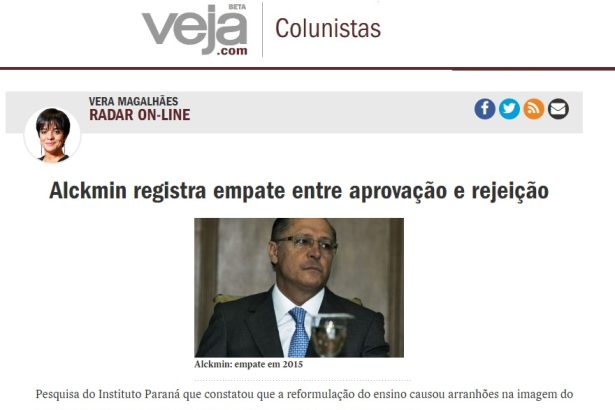 Veja.com divulga pesquisa sobre a popularidade do governador de São Paulo, Geraldo Alckmin