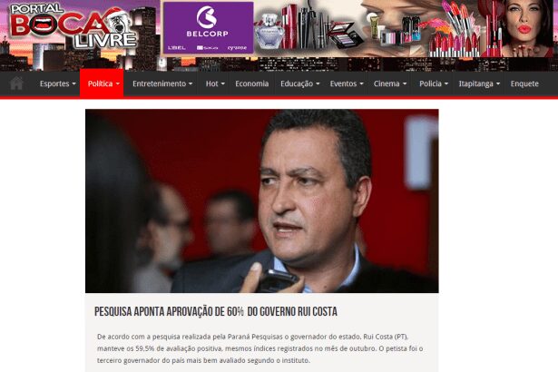 Blog Boca Livre divulga pesquisa sobre a popularidade do governador Rui Costa