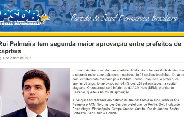 Partido da Social Democracia Brasileira divulga pesquisa que aponta o Prefeito Rui Palmeira com o segundo maior índice de aprovação