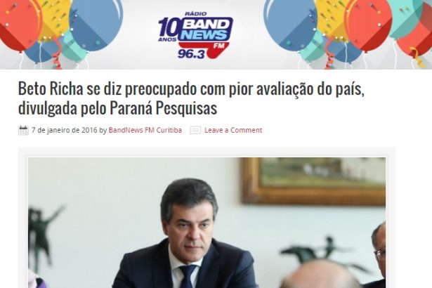 Bandnews divulga pesquisa sobre a popularidade do governador do Paraná, Beto Richa