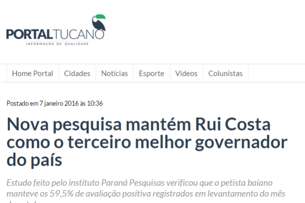 Portal Tucano divulga pesquisa que aponta Rui Costa como o terceiro melhor avaliado do país