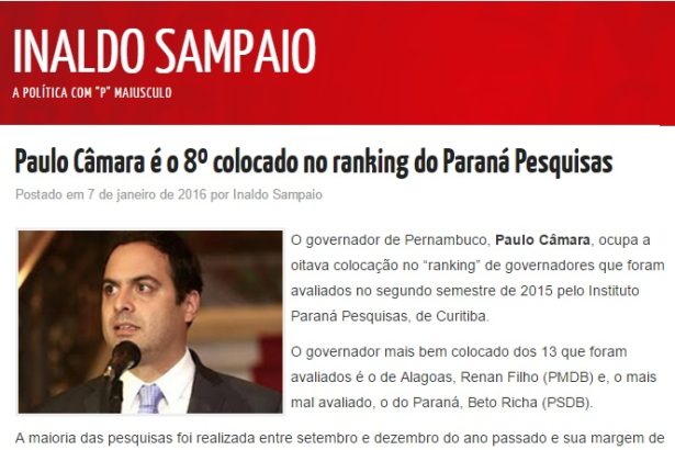 Blog do Inaldo Sampaio divulga pesquisa sobre a popularidade de 13 governadores