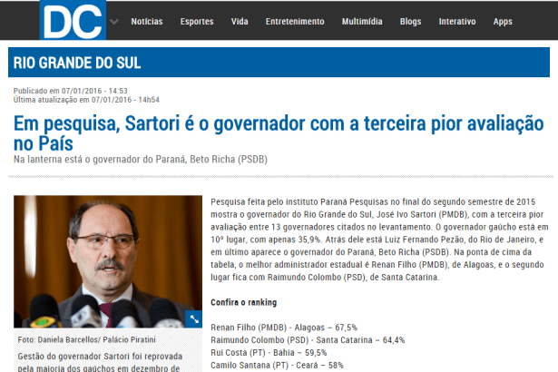 Diário de Canoas divulga pesquisa sobre a popularidade de José Ivo Sartori