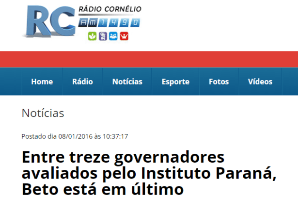 Rádio Cornélio divulga pesquisa que aponta Beto Richa como o governador com pior índice de aprovação do Brasil