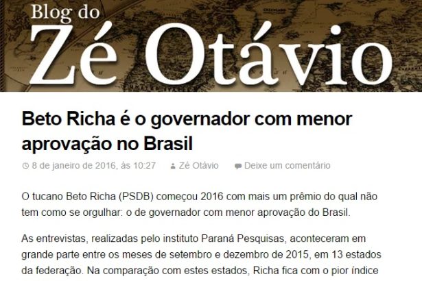 Blog do Zé Otávio divulga pesquisa que aponta Beto Richa com o pior índice de aprovação entre 13 governadores