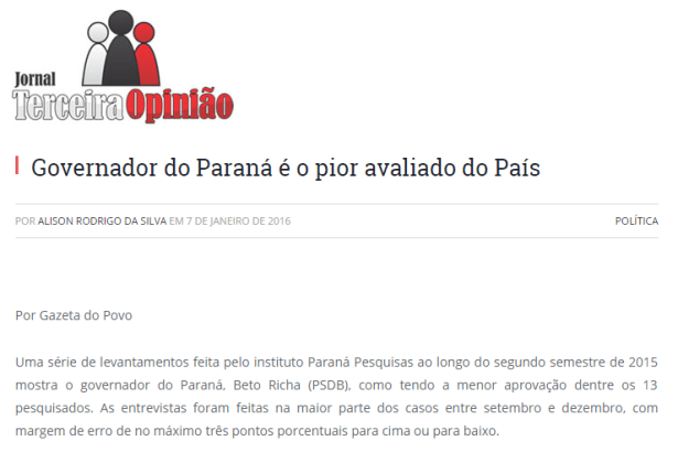 Terceira Opinião divulga pesquisa que aponta Beto Richa como o governador com a pior índice de aprovação do país