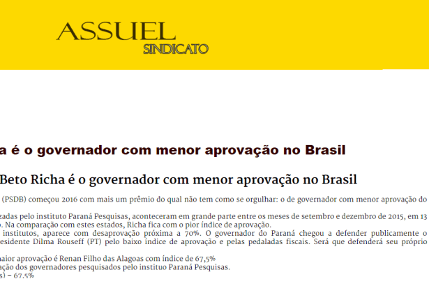 Assuel Sindicato divulga pesquisa que aponta Beto Richa como o pior governador entre 13 estados brasileiros