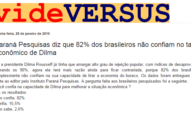 Blog Vide Versus divulga pesquisa sobre a confiança dos Brasileiros na Presidente Dilma Rousseff