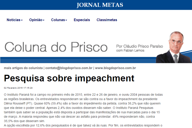 Jornal Metas junto com a Coluna Do Prisco comenta pesquisa sobre a popularidade da Presidente Dilma Rousseff