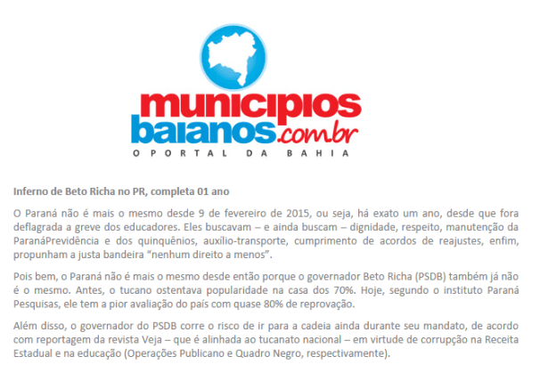 O Portal Municípios Baianos comenta pesquisa sobre a popularidade do Governador Beto Richa