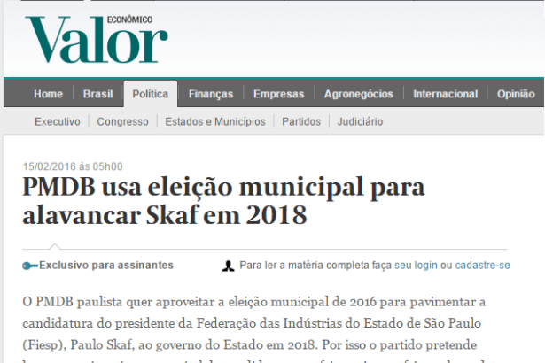 Valor Economico comenta pesquisa sobre as Eleições Municipais na Cidade de São Paulo