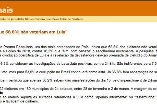 Blog Do Jornalista Dimas Oliveira divulga pesquisa sobre a popularidade do Ex-Presidente Lula
