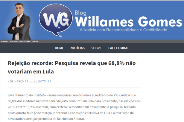 Blog do Willames Gomes divulga pesquisa sobre a popularidade do Ex-Presidente Lula
