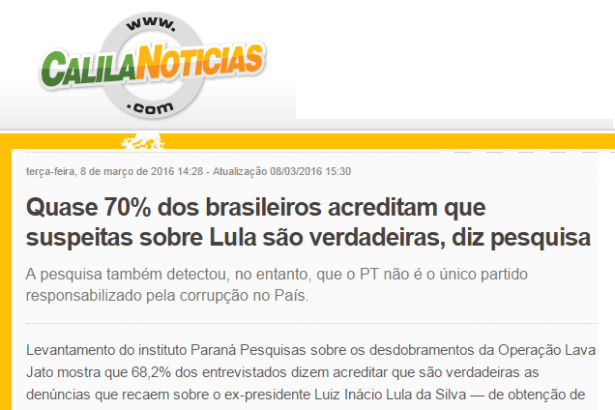 Calila Notícias divulga pesquisa sobre as denúncias sofridas pelo Ex-Presidente Lula