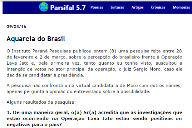 Blog Parsifal 5.7 divulga pesquisa sobre a Operação Lava Jato e as denúncias sofridas pelo Ex-Presidente Lula