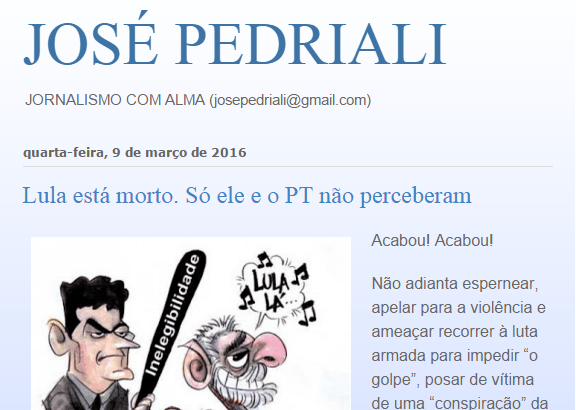 Blog Do José Pedriali divulga pesquisa sobre as denúncias sofridas pelo ex-Presidente Lula e a Operação Lava Jato