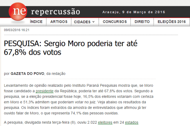 NE Notícias - Repercussão, divulga pesquisa sobre a popularidade do Juiz Sérgio Moro