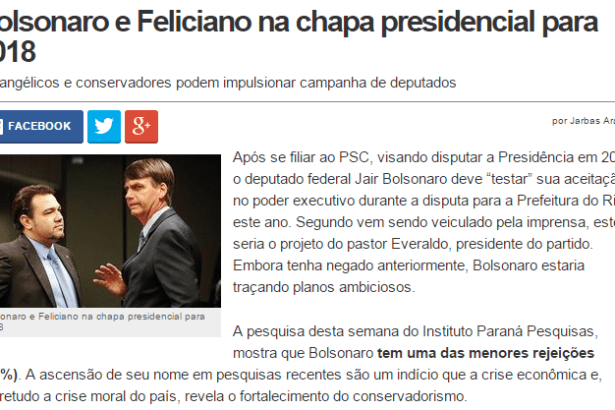 Gospel Prime - Notícias, divulga pesquisa sobre o Deputado Bolsonaro